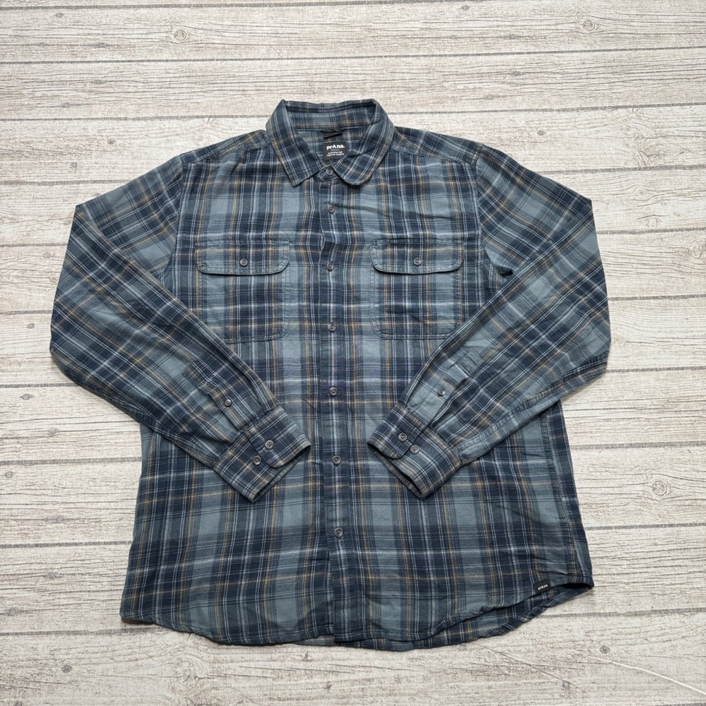 Prana Flannel Shirt Men's Medium Blue Plaid Slim Fit Long Sleeve Utility Outdoor
